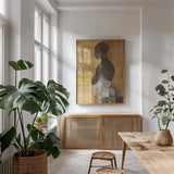 Women of the World IV by Albena Hristova. shown as a print in a natural wood frame in a dining room. Available as a archival giclee rolled canvas, fine art paper, or poster print. SKU 71617h.