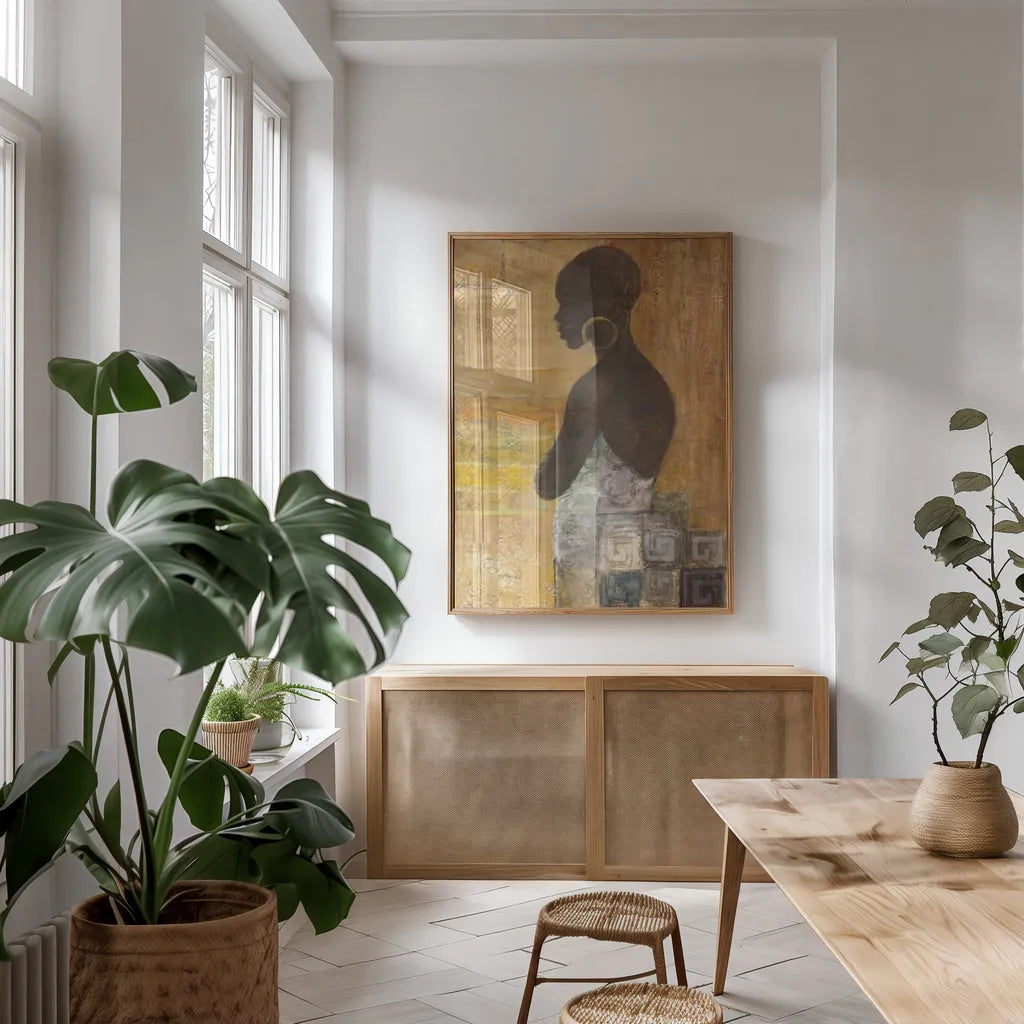 Women of the World IV by Albena Hristova. shown as a print in a natural wood frame in a dining room. Available as a archival giclee rolled canvas, fine art paper, or poster print. SKU 71617h.