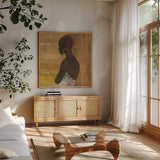 Women of the World IV Crop by Albena Hristova. Shown in a natural wood frame in a cozy modern living room. Available as an archival giclee rolled canvas, fine art paper, or poster print. SKU 71617a.