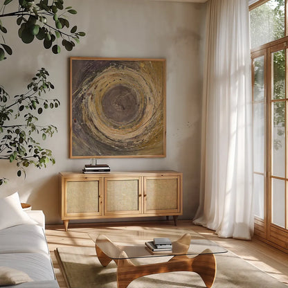Wooden Rings by Albena Hristova. Shown in a natural wood frame in a cozy modern living room. Available as an archival giclee rolled canvas, fine art paper, or poster print. SKU 25232a.
