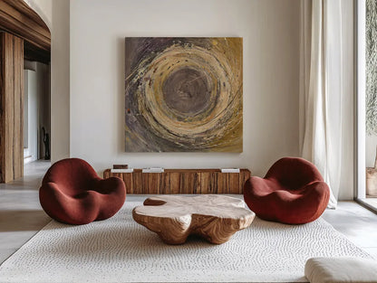 Wooden Rings by Albena Hristova. Shown as extra-large giant wall art in a modern living room. Available as an archival giclee rolled canvas, fine art paper, or poster print. SKU 25232a.
