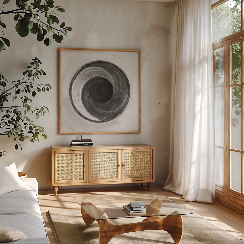 Woven Beauty I BW by Albena Hristova. Shown in a natural wood frame in a cozy modern living room. Available as an archival giclee rolled canvas, fine art paper, or poster print. SKU 56850a.