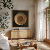 Woven Beauty I on Black by Albena Hristova. Shown in a natural wood frame in a cozy modern living room. Available as an archival giclee rolled canvas, fine art paper, or poster print. SKU 59353a.