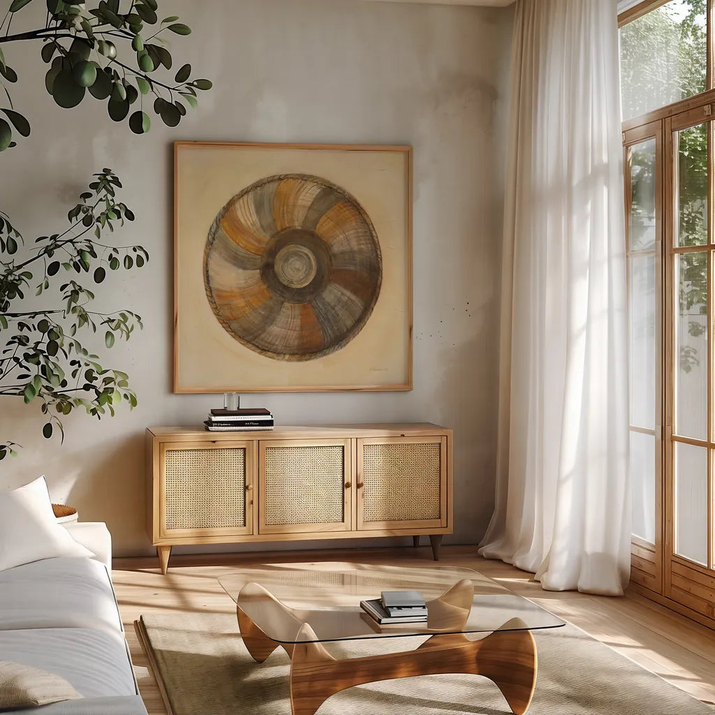 Woven Beauty II by Albena Hristova. Shown in a natural wood frame in a cozy modern living room. Available as an archival giclee rolled canvas, fine art paper, or poster print. SKU 53331a.