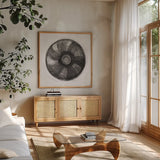Woven Beauty II BW by Albena Hristova. Shown in a natural wood frame in a cozy modern living room. Available as an archival giclee rolled canvas, fine art paper, or poster print. SKU 56851a.