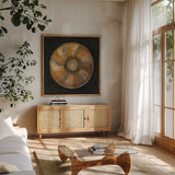 Woven Beauty II on Black by Albena Hristova. Shown in a natural wood frame in a cozy modern living room. Available as an archival giclee rolled canvas, fine art paper, or poster print. SKU 59354a.