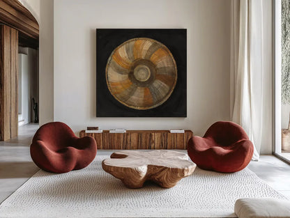 Woven Beauty II on Black by Albena Hristova. Shown as extra-large giant wall art in a modern living room. Available as an archival giclee rolled canvas, fine art paper, or poster print. SKU 59354a.