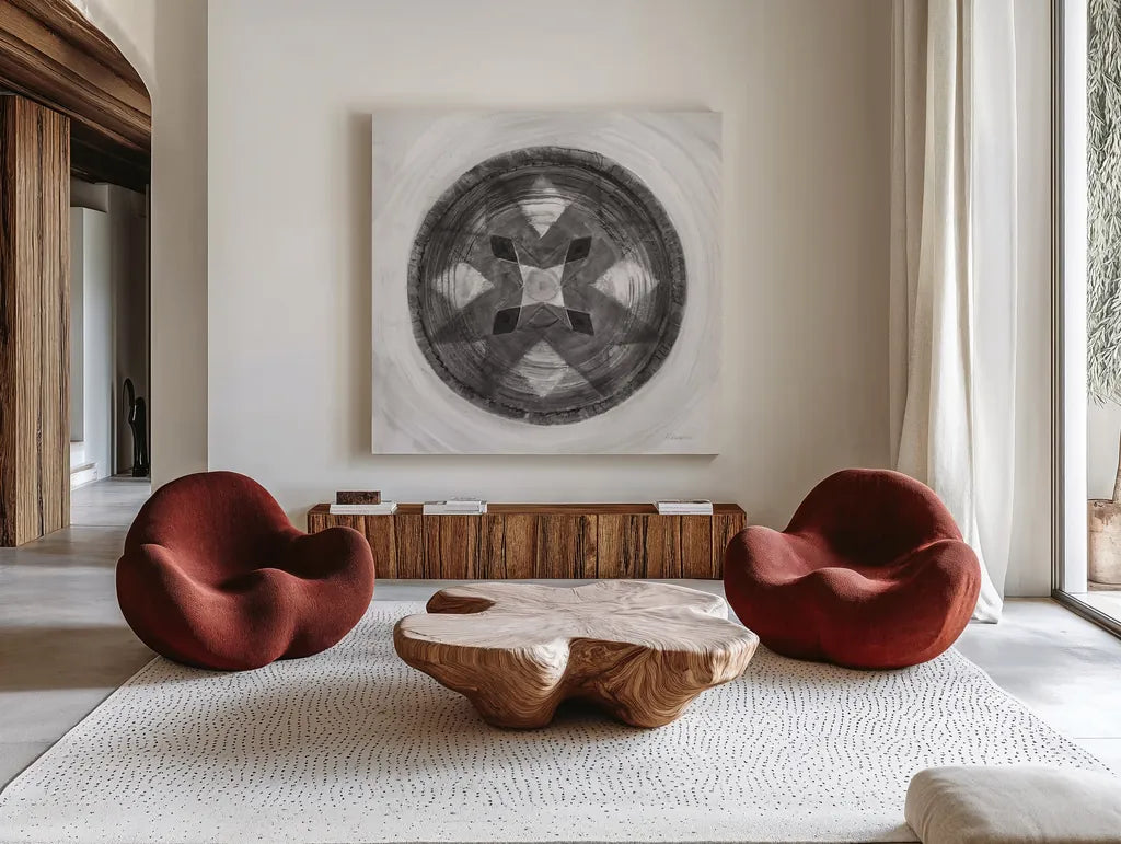 Woven Beauty III BW by Albena Hristova. Shown as extra-large giant wall art in a modern living room. Available as an archival giclee rolled canvas, fine art paper, or poster print. SKU 56852a.
