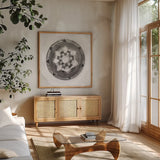 Woven Beauty IV BW by Albena Hristova. Shown in a natural wood frame in a cozy modern living room. Available as an archival giclee rolled canvas, fine art paper, or poster print. SKU 56853a.