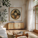 Woven Wonders II by Albena Hristova. Shown in a natural wood frame in a cozy modern living room. Available as an archival giclee rolled canvas, fine art paper, or poster print. SKU 58717a.