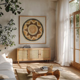 Woven Wonders III by Albena Hristova. Shown in a natural wood frame in a cozy modern living room. Available as an archival giclee rolled canvas, fine art paper, or poster print. SKU 58718a.