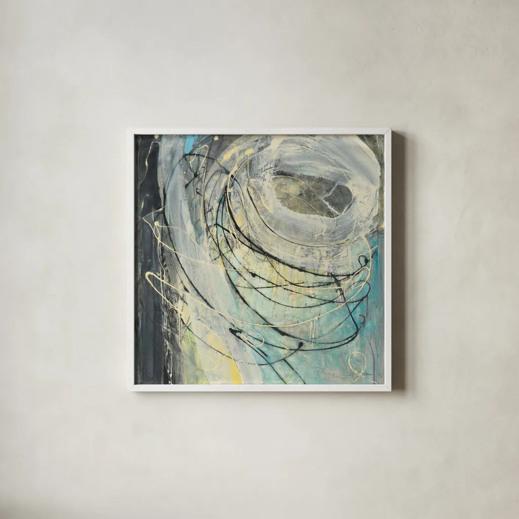 Yellow Tinted Twister by Albena Hristova. Shown in a crisp white glass frame for a clean and minimalist style. Available as an archival giclee rolled canvas, fine art paper, or poster print. SKU 46704a.