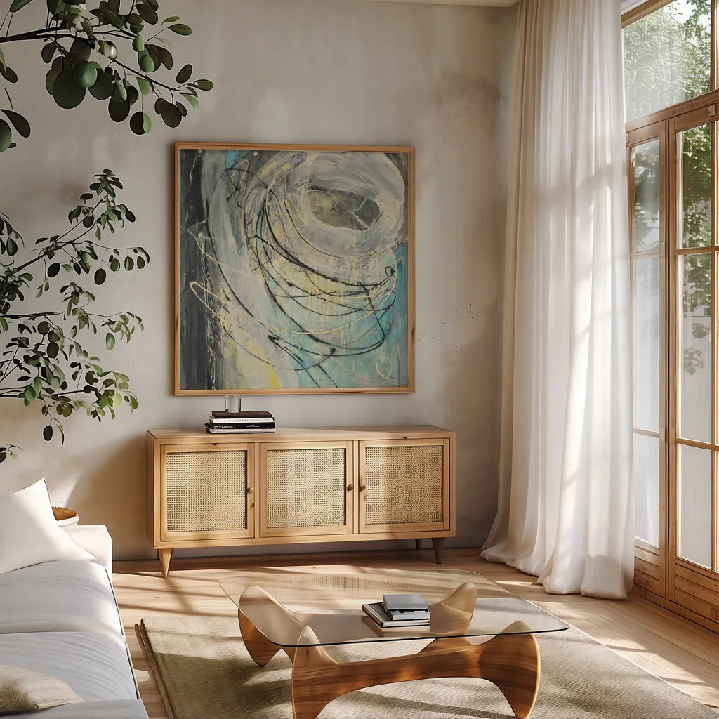 Yellow Tinted Twister by Albena Hristova. Shown in a natural wood frame in a cozy modern living room. Available as an archival giclee rolled canvas, fine art paper, or poster print. SKU 46704a.