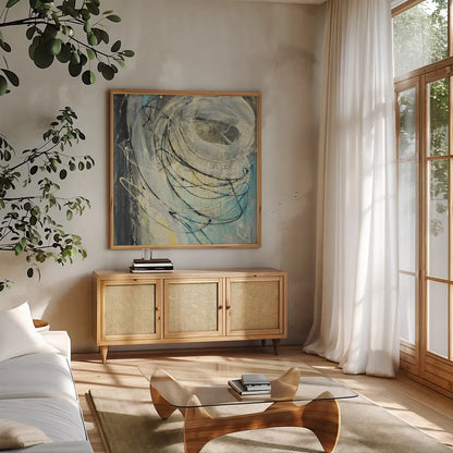 Yellow Tinted Twister by Albena Hristova. Shown in a natural wood frame in a cozy modern living room. Available as an archival giclee rolled canvas, fine art paper, or poster print. SKU 46704a.