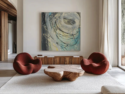 Yellow Tinted Twister by Albena Hristova. Shown as extra-large giant wall art in a modern living room. Available as an archival giclee rolled canvas, fine art paper, or poster print. SKU 46704a.