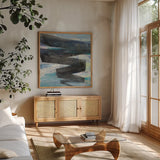 Zag by Albena Hristova. Shown in a natural wood frame in a cozy modern living room. Available as an archival giclee rolled canvas, fine art paper, or poster print. SKU 63829a.
