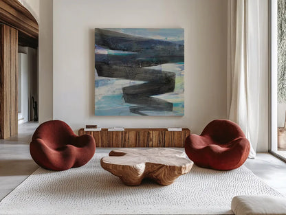 Zag by Albena Hristova. Shown as extra-large giant wall art in a modern living room. Available as an archival giclee rolled canvas, fine art paper, or poster print. SKU 63829a.