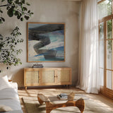 Zig by Albena Hristova. Shown in a natural wood frame in a cozy modern living room. Available as an archival giclee rolled canvas, fine art paper, or poster print. SKU 63828a.