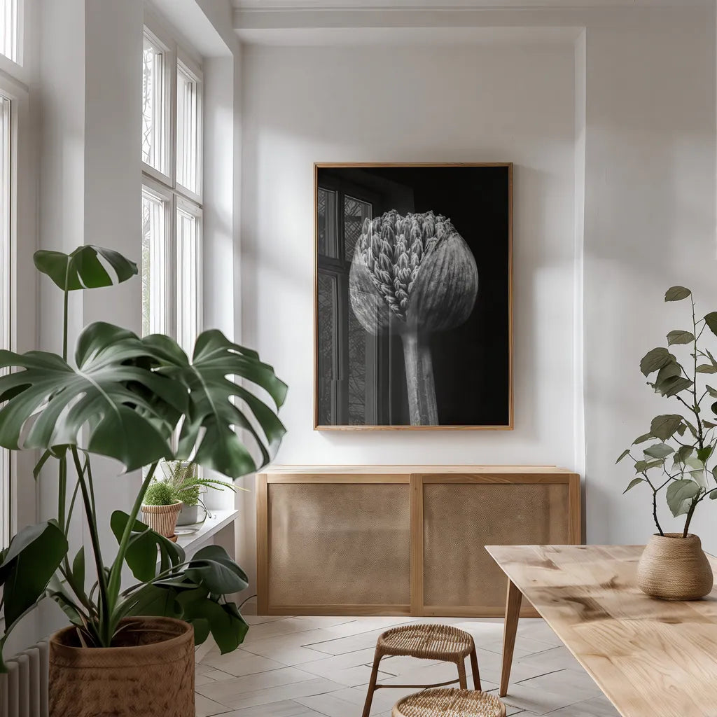 Allium I by Aledanda. shown as a print in a natural wood frame in a dining room. Available as a archival giclee rolled canvas, fine art paper, or poster print. SKU 55258h.