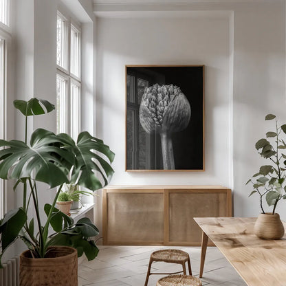 Allium I by Aledanda. shown as a print in a natural wood frame in a dining room. Available as a archival giclee rolled canvas, fine art paper, or poster print. SKU 55258h.