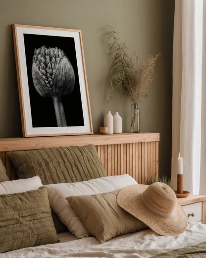 Allium I by Aledanda. shown as a paper print in a natural frame. Available as a archival giclee rolled canvas, fine art paper, or poster print. SKU 55258h.