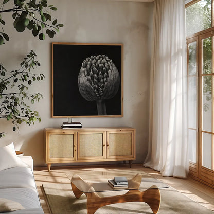 Allium II by Aledanda. Shown in a natural wood frame in a cozy modern living room. Available as an archival giclee rolled canvas, fine art paper, or poster print. SKU 55259a.