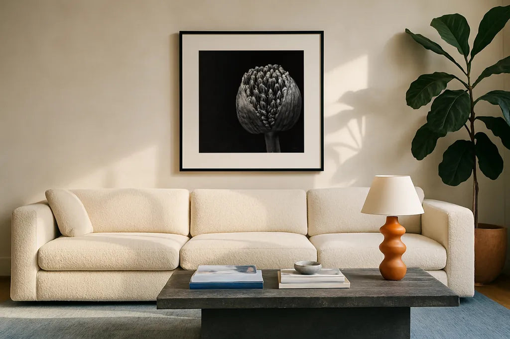 Allium II by Aledanda. Displayed in a glass frame with matte in a clean modern living room. Available as an archival giclee rolled canvas, fine art paper, or poster print. SKU 55259a.