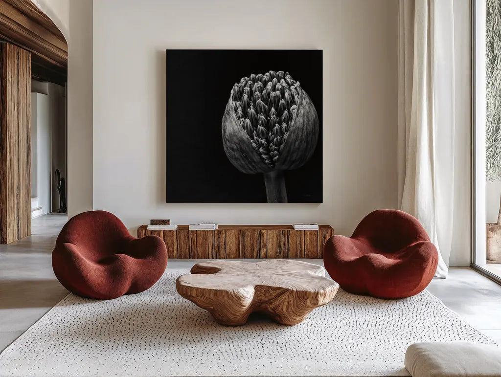 Allium II by Aledanda. Shown as extra-large giant wall art in a modern living room. Available as an archival giclee rolled canvas, fine art paper, or poster print. SKU 55259a.