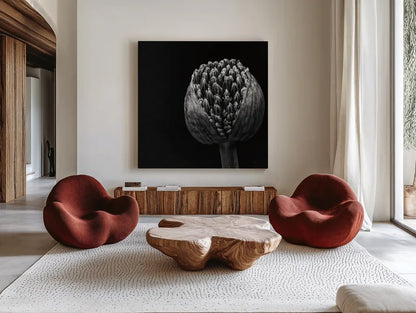 Allium II by Aledanda. Shown as extra-large giant wall art in a modern living room. Available as an archival giclee rolled canvas, fine art paper, or poster print. SKU 55259a.