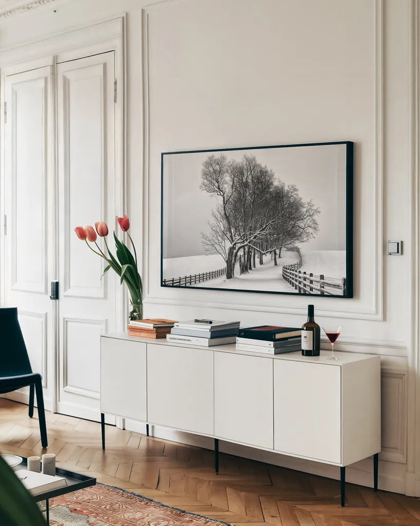 Along the Lane I by Aledanda. shown as a framed stretched canvas in a living room above a console. Available as a archival giclee rolled canvas, fine art paper, or poster print. SKU 38040i.