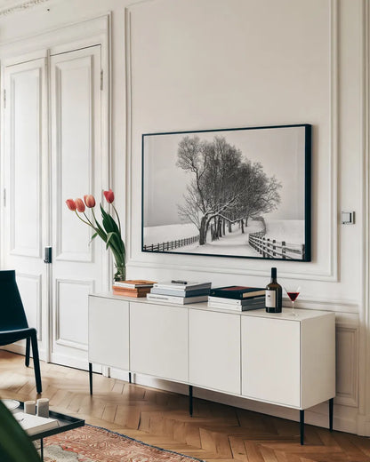 Along the Lane I by Aledanda. shown as a framed stretched canvas in a living room above a console. Available as a archival giclee rolled canvas, fine art paper, or poster print. SKU 38040i.