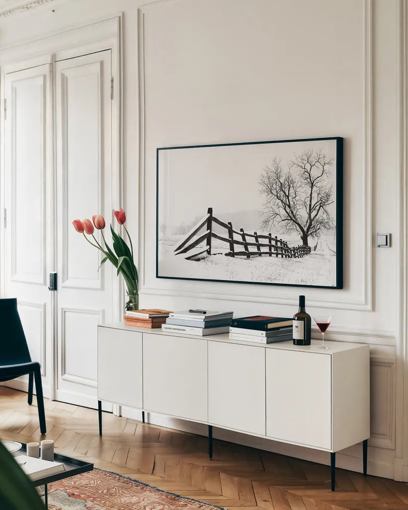 Along the Way by Aledanda. shown as a framed stretched canvas in a living room above a console. Available as a archival giclee rolled canvas, fine art paper, or poster print. SKU 37467i.
