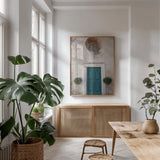 Always Welcome by Aledanda. shown as a print in a natural wood frame in a dining room. Available as a archival giclee rolled canvas, fine art paper, or poster print. SKU 58393h.