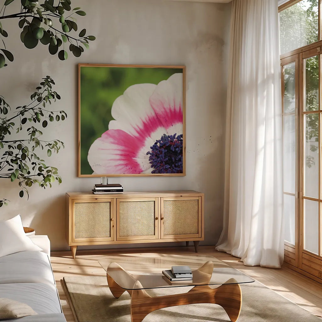 Anemone Blossom II Square by Aledanda. Shown in a natural wood frame in a cozy modern living room. Available as an archival giclee rolled canvas, fine art paper, or poster print. SKU 37466a.