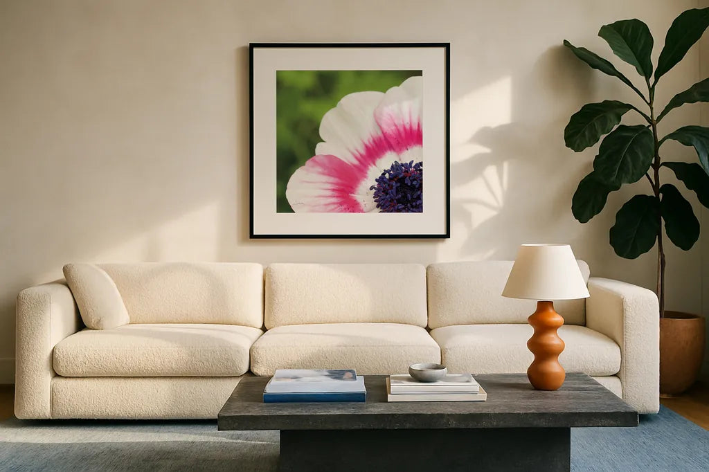 Anemone Blossom II Square by Aledanda. Displayed in a glass frame with matte in a clean modern living room. Available as an archival giclee rolled canvas, fine art paper, or poster print. SKU 37466a.
