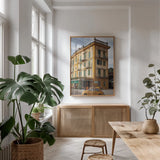 Around Town by Aledanda. shown as a print in a natural wood frame in a dining room. Available as a archival giclee rolled canvas, fine art paper, or poster print. SKU 58400h.