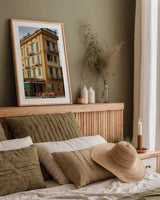Around Town by Aledanda. shown as a paper print in a natural frame. Available as a archival giclee rolled canvas, fine art paper, or poster print. SKU 58400h.
