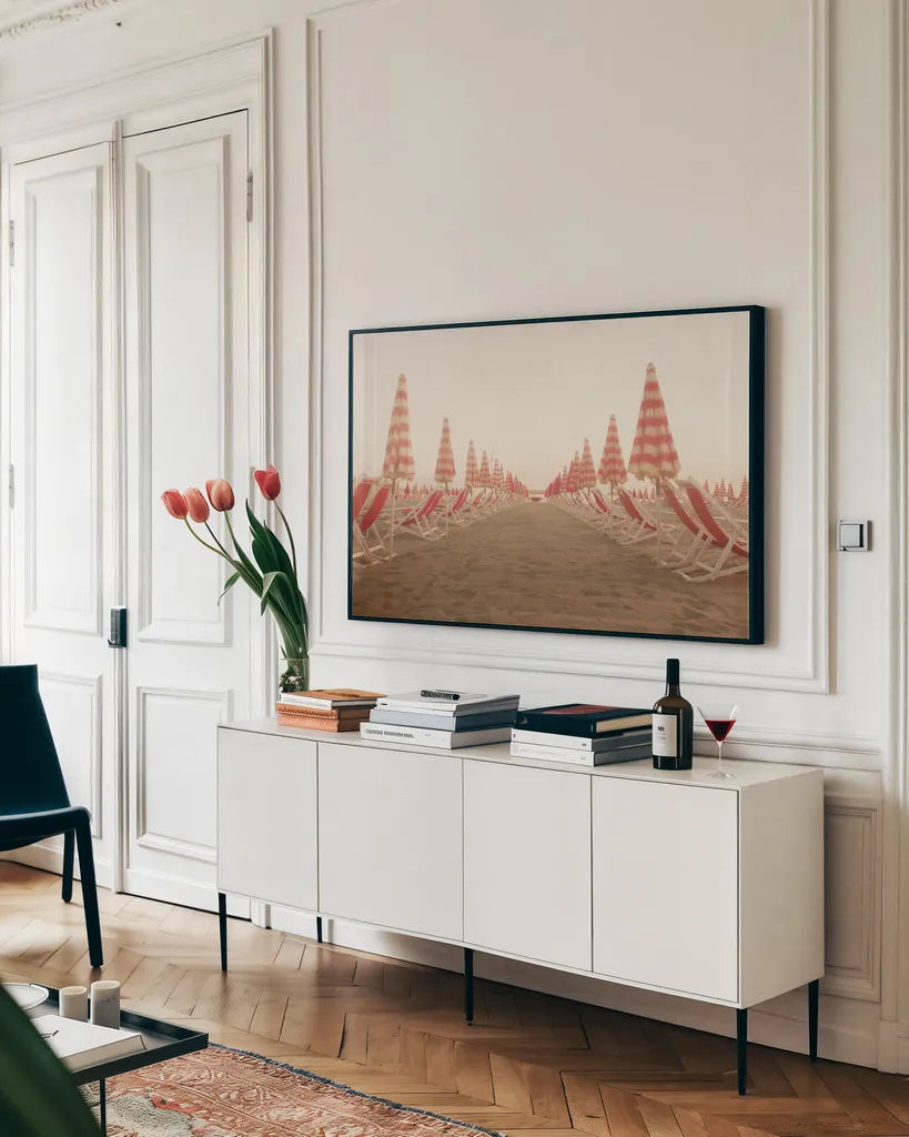 At the Beach I by Aledanda. shown as a framed stretched canvas in a living room above a console. Available as a archival giclee rolled canvas, fine art paper, or poster print. SKU 58385i.