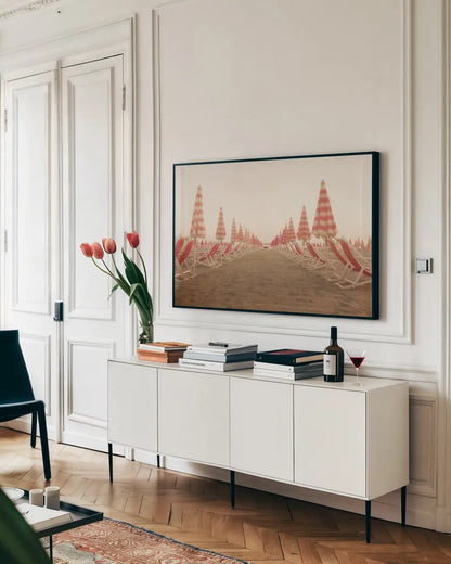 At the Beach I by Aledanda. shown as a framed stretched canvas in a living room above a console. Available as a archival giclee rolled canvas, fine art paper, or poster print. SKU 58385i.