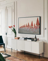 At the Beach II by Aledanda. shown as a framed stretched canvas in a living room above a console. Available as a archival giclee rolled canvas, fine art paper, or poster print. SKU 58386i.