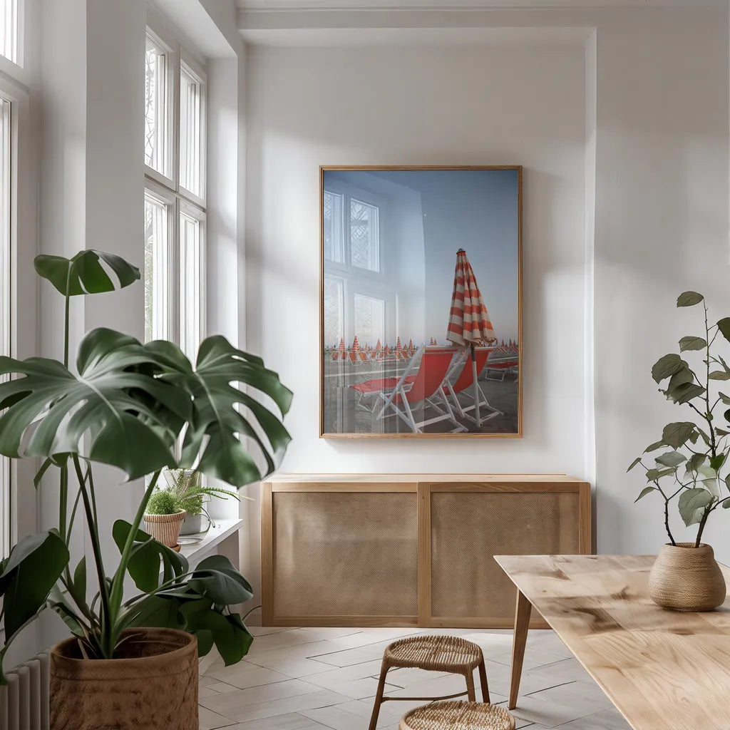 At the Beach IV by Aledanda. shown as a print in a natural wood frame in a dining room. Available as a archival giclee rolled canvas, fine art paper, or poster print. SKU 58388h.