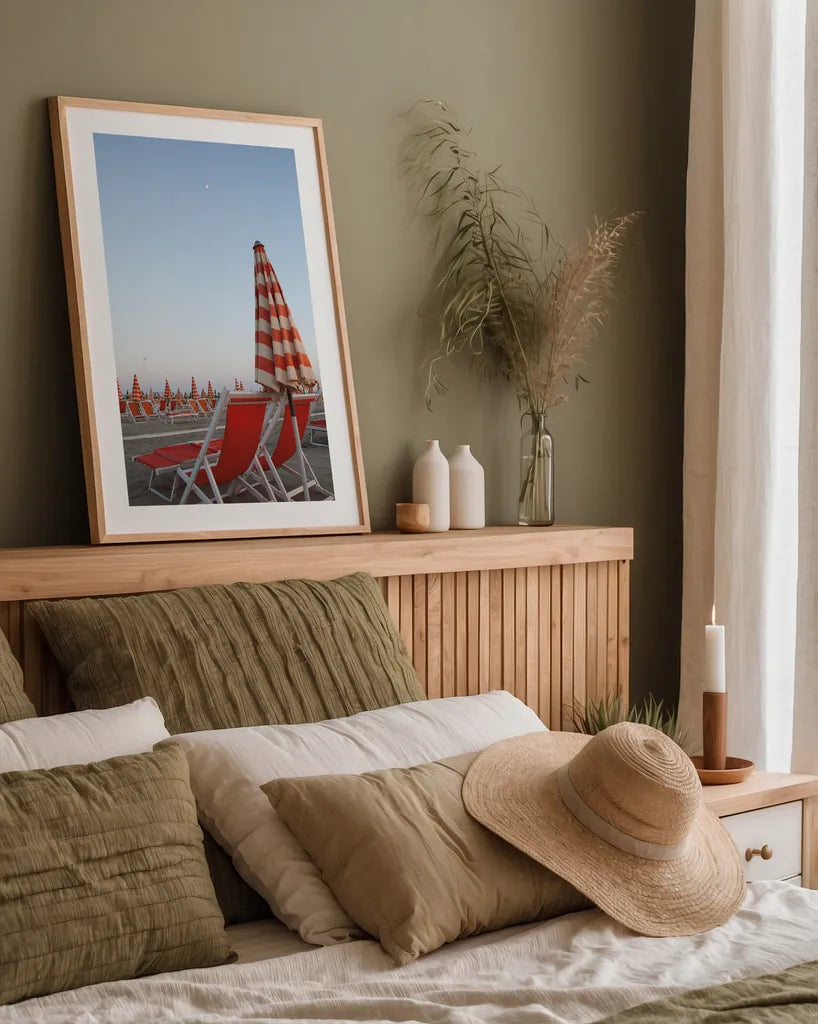 At the Beach IV by Aledanda. shown as a paper print in a natural frame. Available as a archival giclee rolled canvas, fine art paper, or poster print. SKU 58388h.