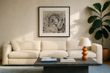 BW Peony by Aledanda. Displayed in a glass frame with matte in a clean modern living room. Available as an archival giclee rolled canvas, fine art paper, or poster print. SKU 43251a.