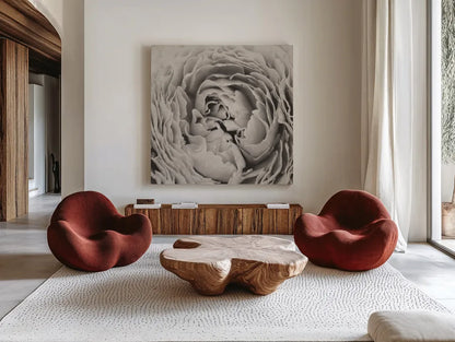 BW Peony by Aledanda. Shown as extra-large giant wall art in a modern living room. Available as an archival giclee rolled canvas, fine art paper, or poster print. SKU 43251a.