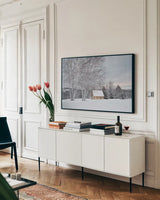 Barn with a View by Aledanda. shown as a framed stretched canvas in a living room above a console. Available as a archival giclee rolled canvas, fine art paper, or poster print. SKU 60527i.