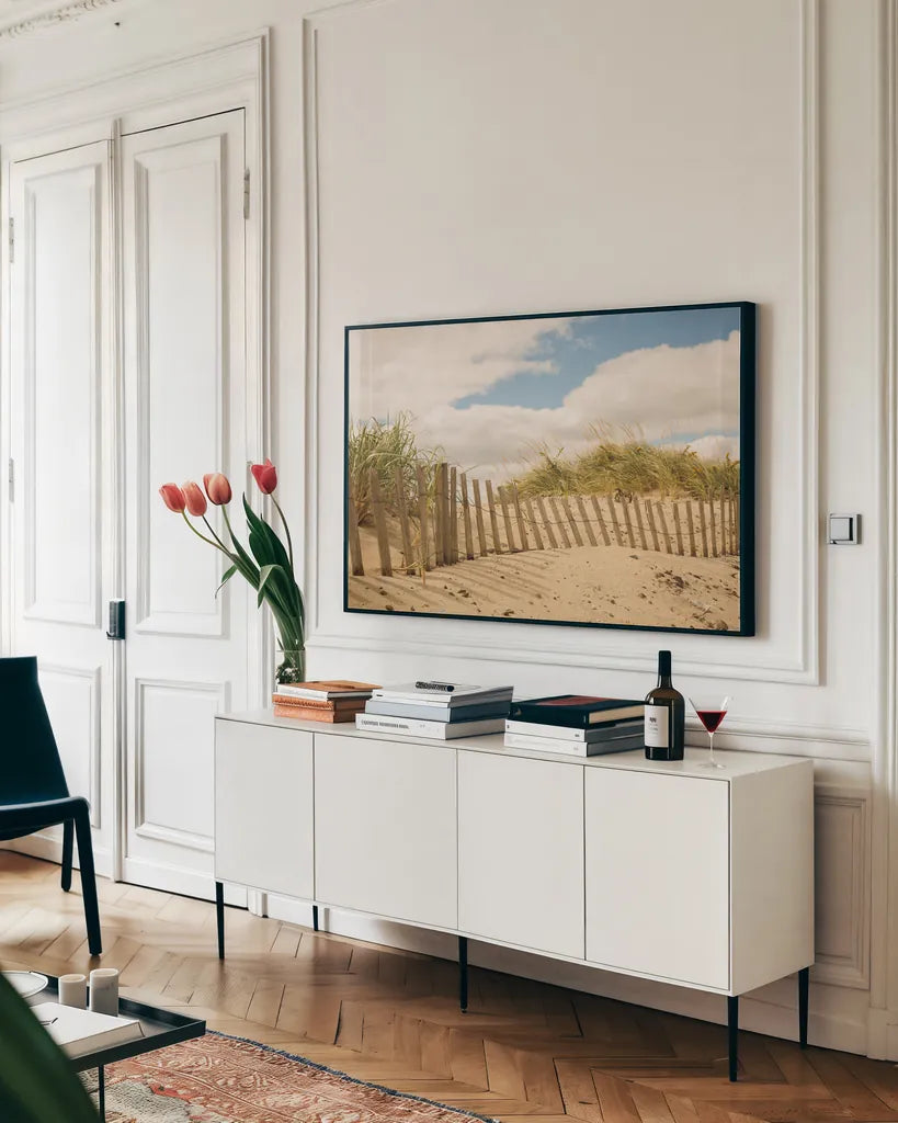 Beach Dunes I by Aledanda. shown as a framed stretched canvas in a living room above a console. Available as a archival giclee rolled canvas, fine art paper, or poster print. SKU 46210i.