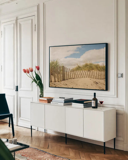 Beach Dunes I by Aledanda. shown as a framed stretched canvas in a living room above a console. Available as a archival giclee rolled canvas, fine art paper, or poster print. SKU 46210i.