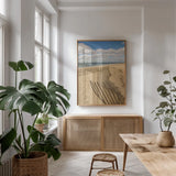 Beach Dunes II by Aledanda. shown as a print in a natural wood frame in a dining room. Available as a archival giclee rolled canvas, fine art paper, or poster print. SKU 46211h.