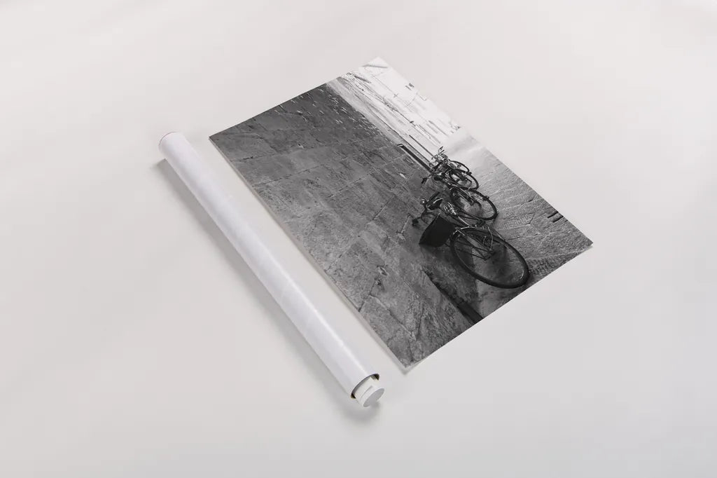 Bicycles in the Alley by Aledanda. shown as a rolled paper print. Available as archival giclee rolled canvas, fine art paper, or poster print. SKU 67688h.