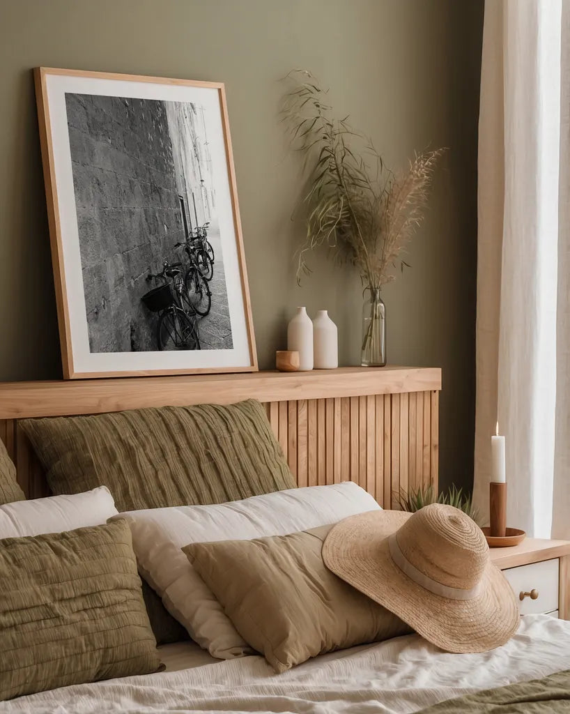 Bicycles in the Alley by Aledanda. shown as a paper print in a natural frame. Available as a archival giclee rolled canvas, fine art paper, or poster print. SKU 67688h.